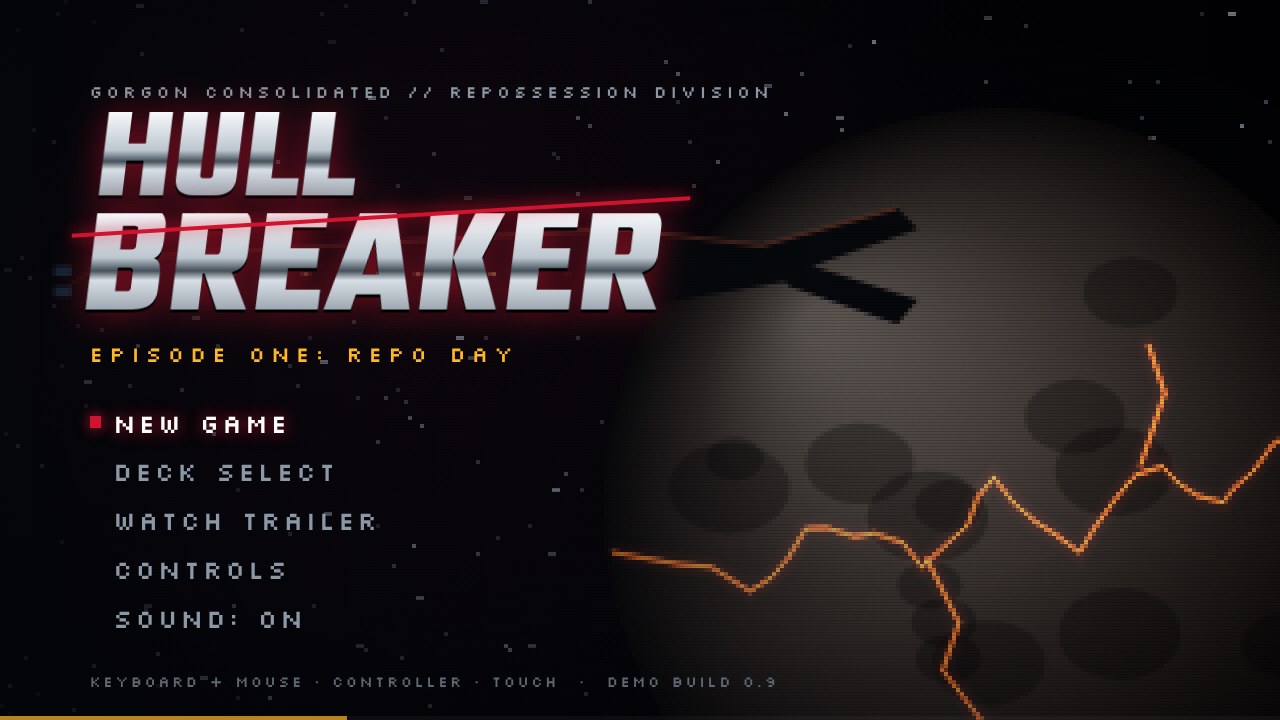 Hull Breaker title screen with a cracked, glowing moon and the New Game menu