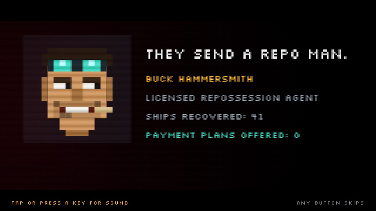 Trailer card introducing Buck Hammersmith, licensed repossession agent, ships recovered 41, payment plans offered 0