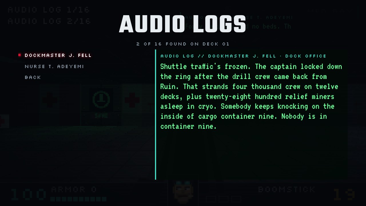 Audio Logs archive in the pause menu showing a dockmaster's log transcript