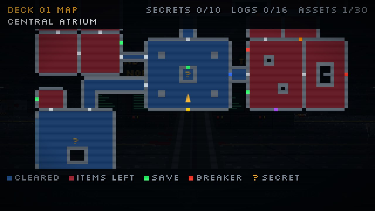 Deck 01 map overlay with cleared rooms in blue, rooms with items left in red, and a legend