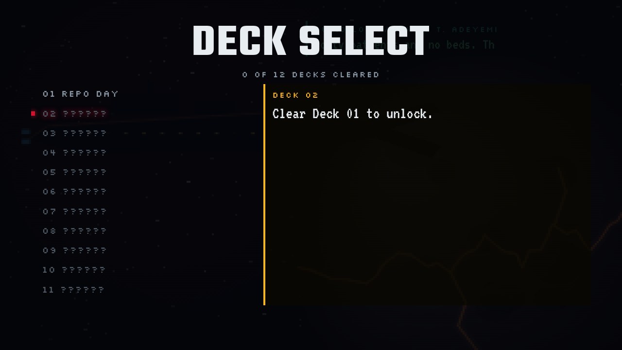 Deck Select screen listing 12 decks, with only Deck 01 Repo Day unlocked