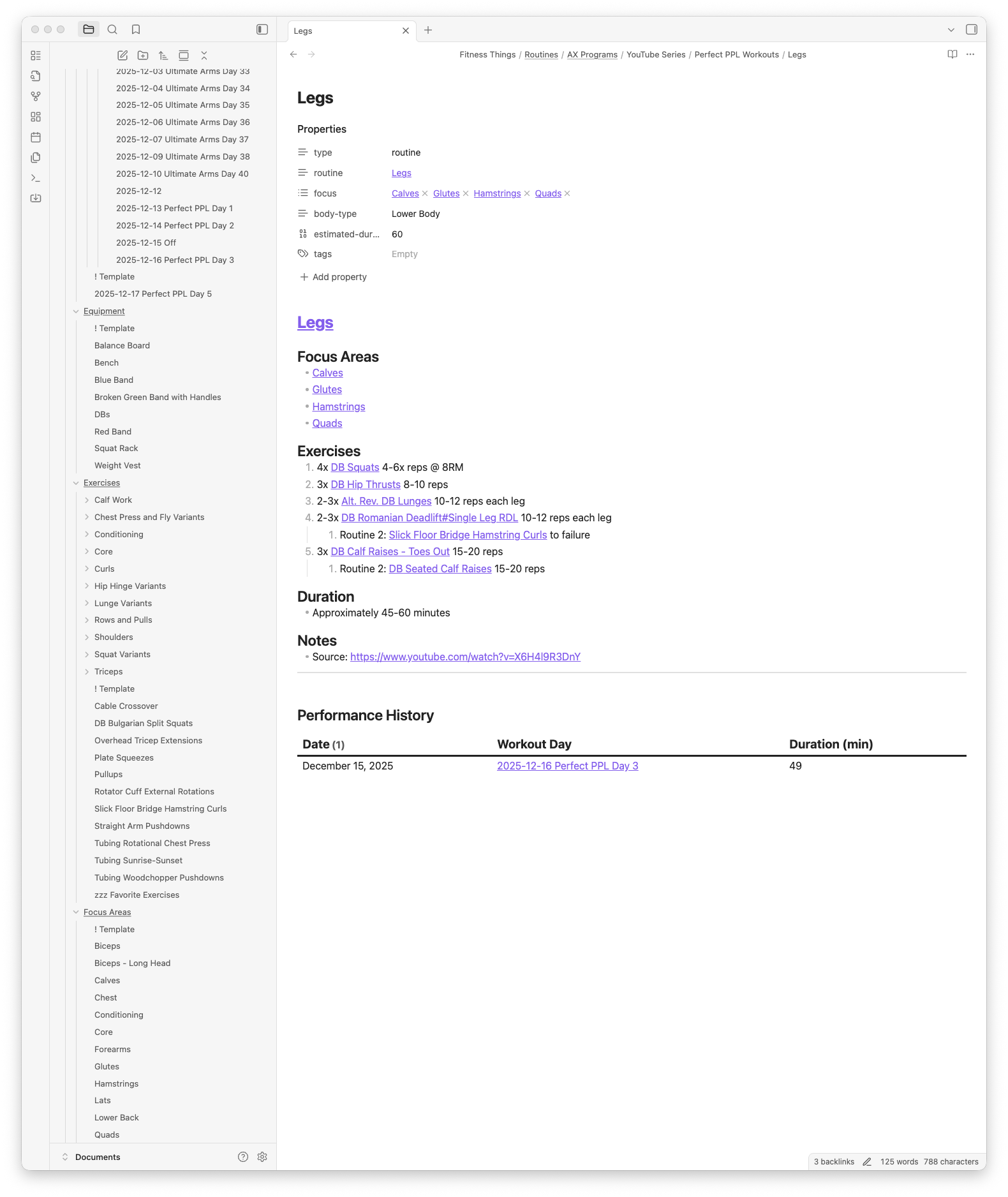 screenshot of workout routine tracking in Obsidian